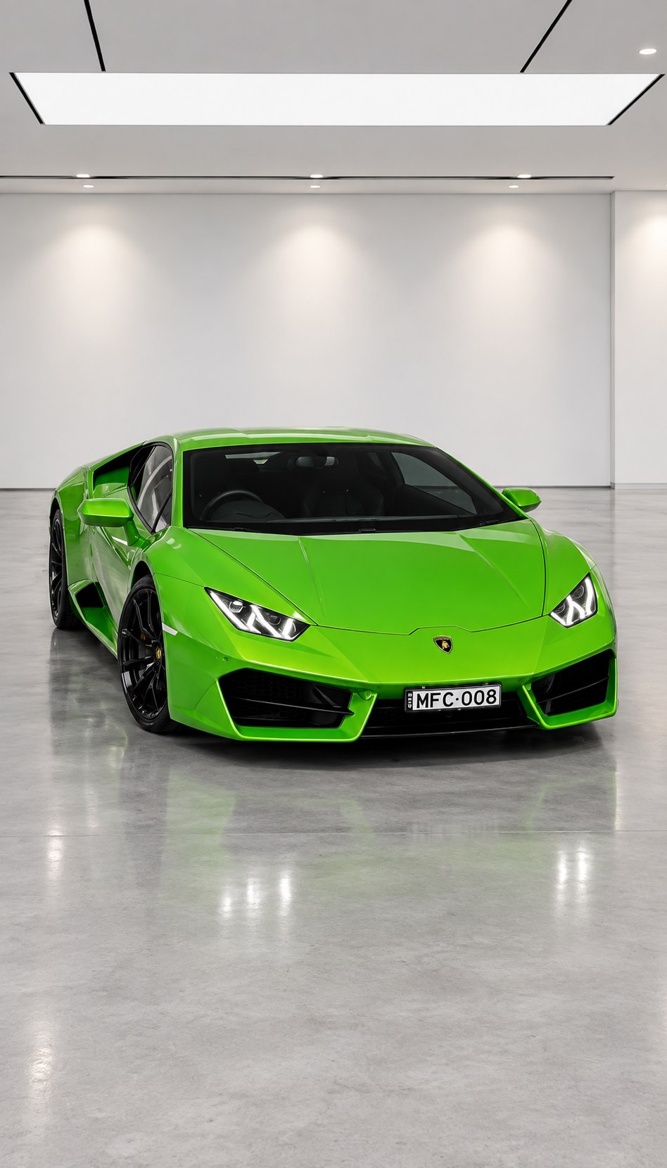 Green Lamborghini in a showroom